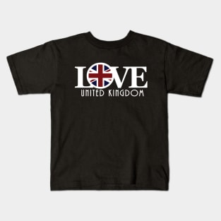 LOVE United Kingdom (long white text) Kids T-Shirt